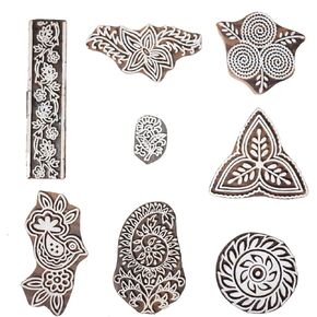 Floral Wooden Printing Stamps for Block Printing - Wooden Clay Pottery Stamps for Crafting on Fabric, Card, Henna Stamps- [ Pack of 8 pc ] HASHCART®