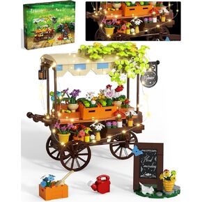Flower Cart Building Set with LED Strips, Car Shop with Flower Bonsai and Plants Building Kits, Flower Tools and Signs Home Desk Decor Ideas Gifts for Kids 6+