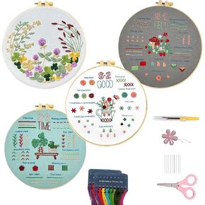 4 Pack Embroidery Kit for Beginners & Adults,Classic Embroidery Cross Stitches Practice Kit for Kids,DIY Kit with Hoop,Color Threads,Tools,instruction,needle threaders,seam rippers (Good times)