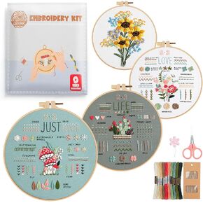 4 Pack Embroidery Kit for Beginners Adults, 34 Stitch Techniques with Floral Patterns, Complete DIY Kit with Stamped Patterns, Hoop, Colorful Threads, Tools, Step by Step Instructions & Video Tutorial