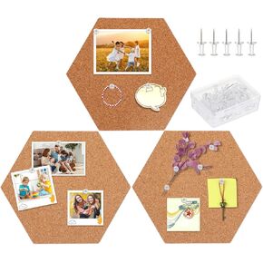 FEBSNOW 3 Pack Self-Adhesive Cork Board Tiles Hexagonal Cork Board Mini Wall Bulletin Board with 50 Multi-Color Push Pins