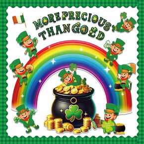 69Pcs St. Patrick’s Day Bulletin Board Decorations Leprechaun Flag Gold Port Border Rainbow Cutouts March Decor Set for Classroom Wall Irish Clover Party