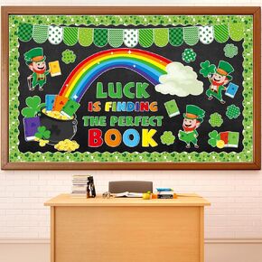 78Pcs St. Patrick's Day Reading Bulletin Board Decorations Spring Lucky Shamrock Paper Cutouts Bulletin Border Set Saint Patrick Day Green Clover Supplies for Irish School Chalkboard Wall Decorations