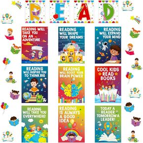 Zonon 45 Pcs Reading Classroom Decorations Reading Bulletin Board Poster Banner Set Elementary Educational Prints Poster Rainbow Classroom Supplies Wall Decor for Teachers Preschool Elementary Library
