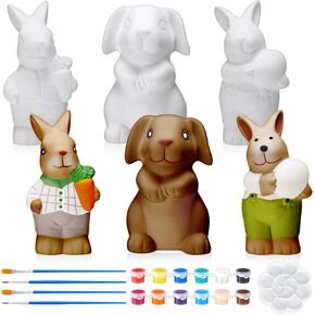 6 Set Easter Ready to Paint Your Own Bunny Figurines Include 6 Pcs 4.4 Inch Blank Ceramics to Paint Bunny Statues 4 Paintbrushes 2 Paints and Palette for Easter Decor Unpainted DIY Crafts