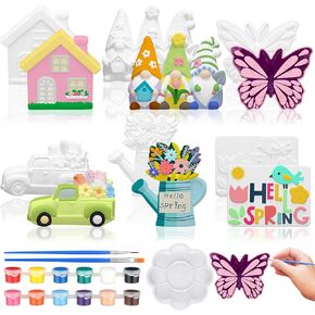 Marsui 6 Pcs Spring Ceramics to Paint Ceramic Flower Gnome Butterfly Spring Ready to Paint Ceramics Spring DIY Figurines Unpainted Spring Crafts for Adult Party with Brush Palette Paint