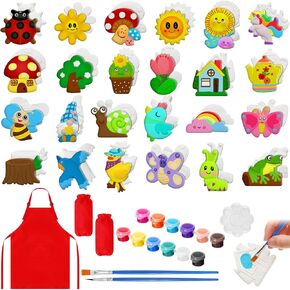 Lunmon 24 Pcs Spring Ceramic Painting Kit with Pigment Brush Palette Apron Sleeves Paint Your Own Ceramic Spring DIY Set Creative Activity Plaster Ceramic Painting Insects Birds Flowers House