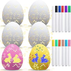 Baquler 6 Set Color Your Own Ceramic Easter Egg Lamp Table Decor Include 6 DIY Light Up Ceramic Easter Eggs with 12 Colors Paint Markers for Craft Easter Party Centerpieces(Warm White Light)