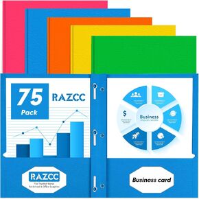 Two Pocket Folders, RAZCC 75 Pack Two Pocket Folders with Prongs, 3 Prong Folders Fit Letter Size Paper, Pocket Paper File Folders for School Office Home Business, Assorted 5 Colors