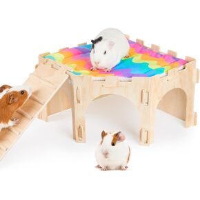 Guinea Pig Hideout, Bienbee Sturdy Wooden Rabbit Hideout, Large Corner Guinea Pig House Guinea Pig Castle with Soft Mat and Stair for Chinchilla Hamsters Bunny Hedgehog Squirrel Guinea Pig Accessories