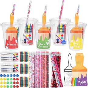 Fovths 24 Sets Valentines Day Gifts for Kids, Valentines Cards Mini Watercolor Paint Set with Crayons Pencils Plastic Cups Fun DIY Crafts Valentine Exchange Party Favors for School Classroom