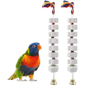 Bird Chewing Toy, Parrot Beak Grinding Calcium Stone with Bells, Bird Cage Accessories, Cage Toys for Cockatiel Parakeet Parrot Budgies Rat Hamster Chinchilla Rabbit Bunny African Grey - 2 Pack