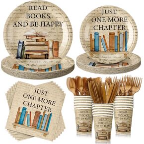 Zhehao 168 Pcs Vintage Book Theme Party Tableware Book Club Birthday Party Supplies Library Reading Themed Plates Napkins Cups and Forks Set for Birthday Reading Tableware Supplies, Serve 24