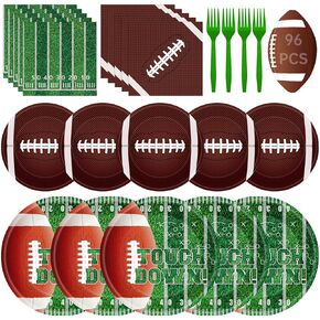 96 PCS POBATING PLATES و NEDKINS FORKS SETS - RUCBY Sports Mounted Tablemons ، Factable Touch Down Down Paper Plates Lapkins for Football Game Day Party Supplies ،
