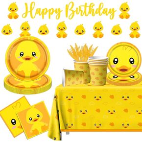 Rubber Duck Party Supplies,Happy Birthday Duckie Tableware Set Duck Plates Yellow Baby Shower Napkins Cups for Waddle It Be Gender Reveal Party,One Lucky Duck Birthday Decorations
