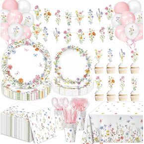 175 PCS Spring Wildflower Party Decorations include Plates, Cups, Napkins, Cutlery, Cake Toppers, Banner, Tablecloth, Balloons for Floral Baby Shower Birthday Decorations, Serves 20