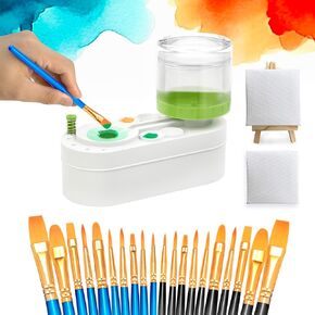 Green Paint Brush Cleaner with 20 Painting brushes, 2 Mini Canvas, 1 Mini Easel Stand, No Assembly Required Paintbrush Rinser (Green, 20 brushes, 2 Mini Canvas, 1 Mini Easel)