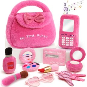 Golray Plush Toddler Purse Baby Girl Pretend Play Toy - 10 Pcs My First Purse with Soft Sensory Toy Smartphone/Crinkle Makeup Beauty Playset for Toddler Baby Girl Christmas Birthday Gift Ages 3 4 5