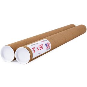 3" x 36" Reinforced Kraft Paper Mailing Tubes, Pack of 2 Tubes with 2 Caps Each – USPS Approved Poster Tube – Made in USA Cardboard Tube for Shipping and Storing Posters, Prints, Artwork, or Documents