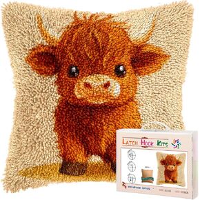 Latch Hook Pillow Kits for Adults Cute Baby Highland Cow DIY Pillow Cover Printed Pillowcase Crochet Hooking Yarns Handmade Cushion for Home Sofa Decoration 17x17inch(8)