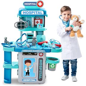 Doctor Kit for Toddlers 3-5 - Kids Doctor Play Kit - Fun and Engaging Role-Playing Set with Costume, Stethoscope, Play Cart, and Accessories - Ideal Educational Gift for Boys and Girls（Blue）