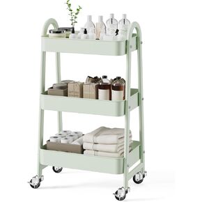 3 Tier Rolling Cart - Metal Utility Carts on Lockable Caster Wheels, Mobile Storage Shelves Organizer for Livingroom, Bathroom, Kitchen, Bedroom & Narrow Places, White