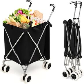 Goplus Folding Shopping Cart with Wheels, Grocery Cart with Removable Oxford Cloth Liner, Lightweight Utility Cart for Groceries Laundry Black
