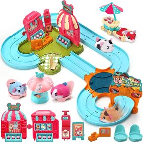 Hamster Car Track Toys for Kids - Pretend Play Ice Cream Theme Educational Track Car Games Set with 2 Mini Hamster Toys & Accessories, Birthday Gift for 3 4 5 6 7 Year Old Toddlers Boys Girls