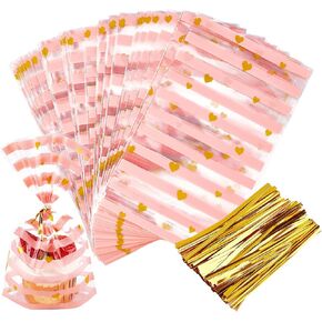 JOERSH 100 Pack Pink Cellophane Treat Bags 8.1" x 5" Bottom Gusset Pink Plastic Candy Bags with Twist Ties for Valentine, Birthday, Gift Goodie Cookie Snack Party Favor Supplies