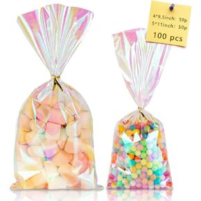 Labeol 100pcs Iridescent Cellophane Bags Goodie Bags Candy Bags 5×11 4×9.5 Treat Bags with Ties Clear Gift Bags Holographic Party Favor Bags for Birthday Wedding Easter Christmas Valentines