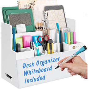 White Wood Desk Organizer - Wooden Desktop Mail Organizer Countertop with 2 Drawers and Dry Erase Board - Top Bamboo Desk Buddy Whiteboard with Storage, Accessories Included