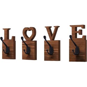 Rustic Coat Hooks for Hanging Keys, Hats or Bathroom Towels – Set of 4 Wall Mounted Wooden Hangers for Entryway, Modern Farmhouse Industrial Black Metal & Wood Home Décor, Love Sign Wedding Gift