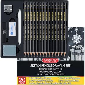PANDAFLY Drawing Sketching Pencil Set, 26 Piece Pro Art Pencil Sketch Kit - Graphite Pencils (14B-4H), Black and White Charcoal Pencils, Charcoal Sticks, Blending Stump, Eraser, Sharpeners