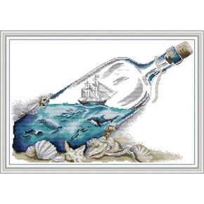 Maydear Cross Stitch Kits ختم مجموعة كاملة من مجموعات بداية التطريز للمبتدئين DIY 11CT 3 خيوط - البحر في زجاجة 21.3 × 15 (بوصة)