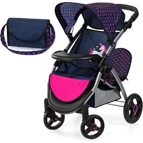 Bayer Design Dolls: Twin Star Stroller - Blue, Hot Pink, Unicorn - Seats 2 Dolls Up to 18", Shoulder Bag, Foldable Sibling Buggy, Kids Toy, Ages 3+