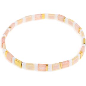 Sonateomber Tila Flat Beaded Stretch Bracelets for Women, Trendy Unique Handmade Stackable Gold Beige Square Beads Miyuk Link Bracelet Summer Jewelry Gift