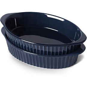 LEETOYI Porcelain Small Oval Au Gratin Pans, Baking Dish Set for 1 or 2 person servings, Bakeware with Double Handle for Kitchen and Home, Set of 2 (Navy)