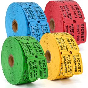 L LIKED 4000 Pairs Double Raffle Tickets - 4 Assorted Colors (Blue, Yellow, Red, Green), 1000 Tickets per Roll for Events, Fundraisers & Parties