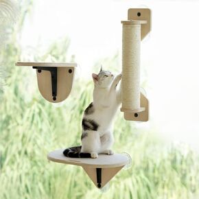 MEWOOFUN CAT WINDOW HAMMOCK مع خطوات التسلق ونشر الخدش النافذة الخشبية مثبتة على القطط الداخلية (مجموعة متسلق القطط 3 أجزاء)