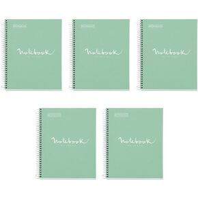 ROARING SPRING M MiquelRius Emotions Collection, Lined 1 Subject Notebooks, 5-Pack, 11" x 8.5", 80 Perforated Sheets, 3 Hole Punched, Mint Colored Cardboard Cover
