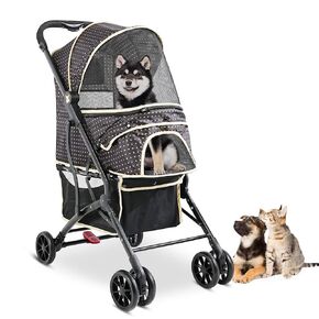 4 Wheels Dogs Cats Stroller for Small Medium Dogs Cats Pets up to 35 LBS，Foldable Dog Cat Stroller Jogger Travel Stroller with Storage Basket and Cup Holder, Polka Squares