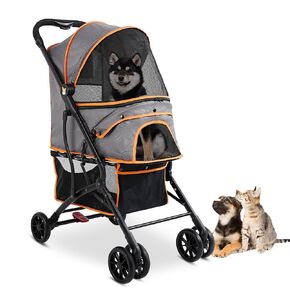 4 Wheels Dogs Cats Stroller for Small Medium Dogs Cats Pets up to 35 LBS，Foldable Dog Cat Stroller Jogger Travel Stroller with Storage Basket and Cup Holder, Gray
