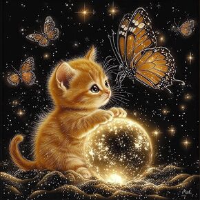 MAXBYE Cat Butterfly Diamond Paintings Kits for Adults, 5D DIY Animals Diamond Art Kits, Round Full Drill Diamond Dots Paintings, Diamond Paintings for Home Wall Decoration, 12x16in