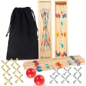 Sumind 84 Pcs Jacks Game with Ball Include 62 Pcs Pick up Sticks 2 Pcs Red Rubber Balls 20 Pcs Gold and Silver Metal Jacks for Kids Adults Family