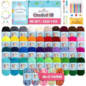 YammiAmi Beginner Crochet Kit for Adults & Kids - 98 Pc Amigurumi Crochet Kit for Starters - 1,620 Yards, 45 Skeins 20g/36yds Each Yarn, Learn to Crochet Kit, Crochet Accessories Set