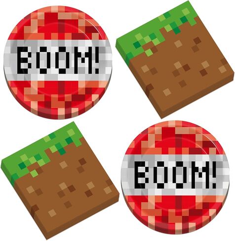 50PCS Pixel Birthday Party Party Plage and Fedical Video Game Dessert Plates Mining Pixel Party Party Supplies Pixel Pixel Table Set Serves 25 Guest Baby Shower Kid Teen Birthday Party Decorts in Kuwait