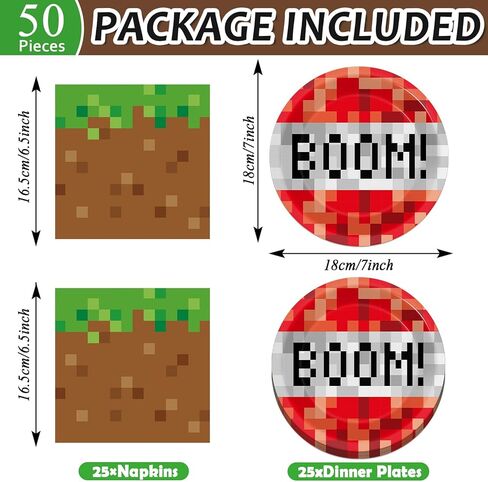 50PCS Pixel Birthday Party Party Plage and Fedical Video Game Dessert Plates Mining Pixel Party Party Supplies Pixel Pixel Table Set Serves 25 Guest Baby Shower Kid Teen Birthday Party Decorts in Kuwait
