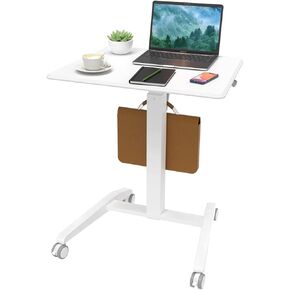 Mobile Standing Desk, Height Adjustable Rolling Laptop Desk with Cup Holder, 27 inches Portable Sit Stand Desk with Wheels and Hook, Pneumatic Computer Table, Black