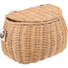 Kids Bike Basket Wicker Basket: Tricycle Childrens Basket Finely Woven Backpack with Lid Shoulder Strap Front Handlebar Basket Rattan Basket for Kids Handlebar Bike Basket