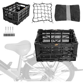Rear Bike Basket, Foldable Bicycle Cargo Rack Storage Basket, Universal Bike and Electric Bike Rear Basket with Waterproof Cover, Easy to Install - Heavy Duty Plastic